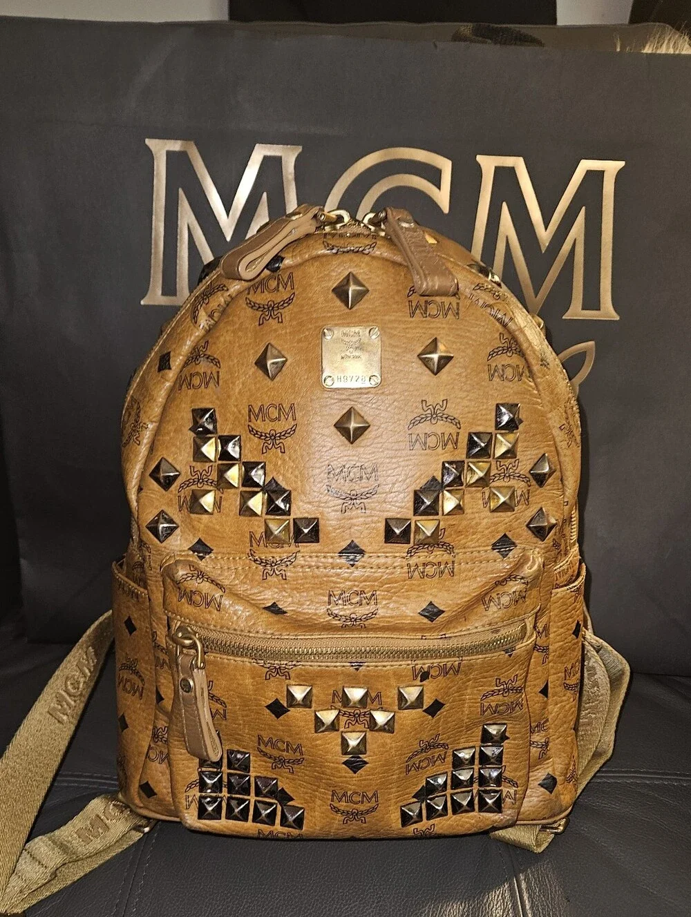 MCM Cognac Logo Studded Visetos Backpack with Gold Hardware